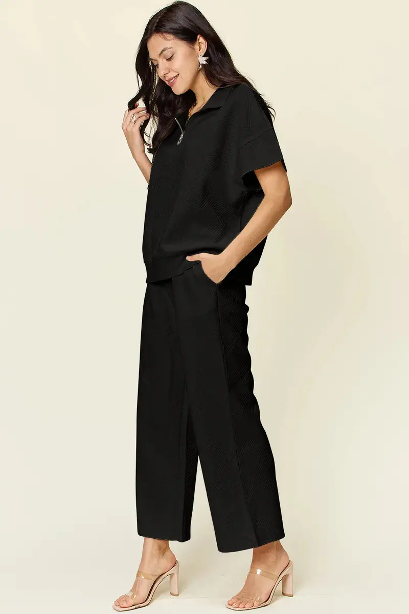 Half Zip Short Sleeve Top And Pants Set 24