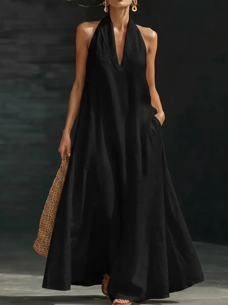 Halter Neck Maxi Dress With Pockets 1