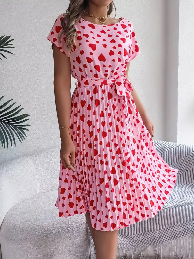 Heart Print Belted Pleated Midi Dress 1