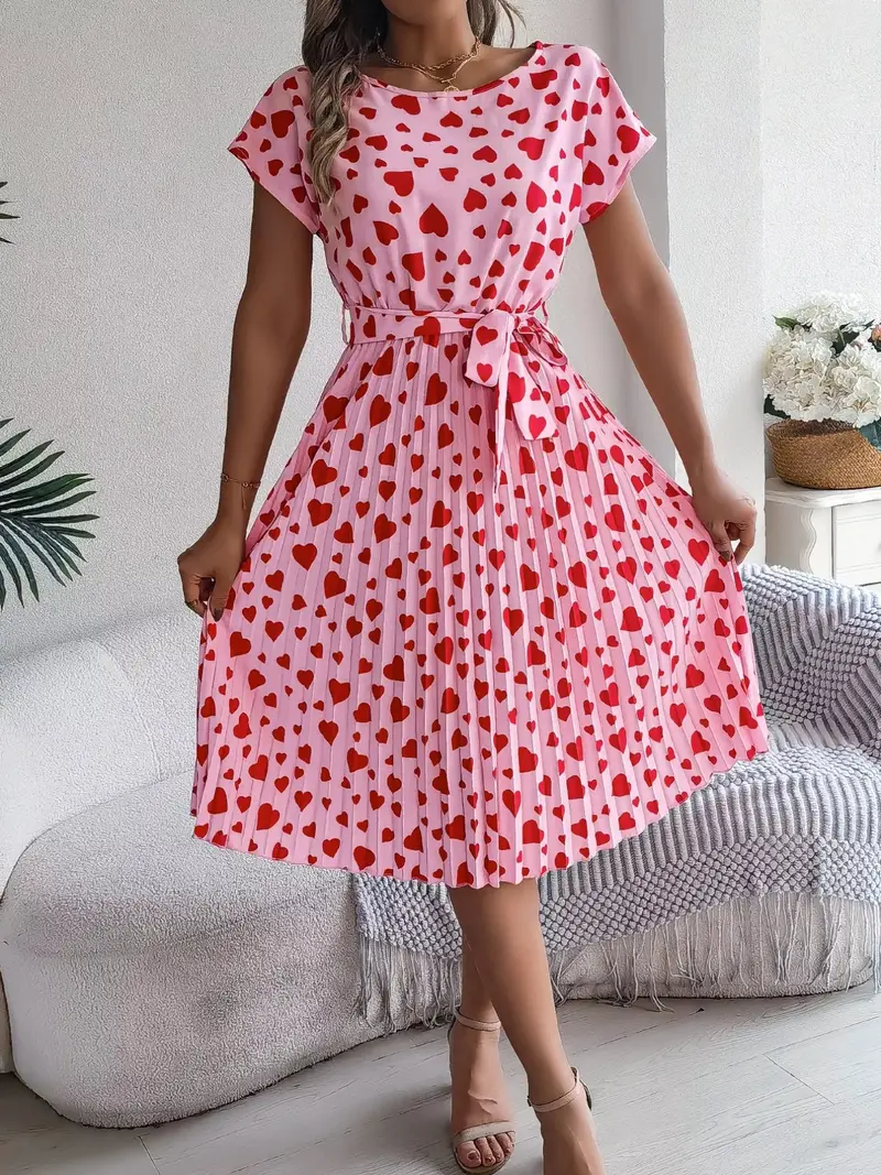 Heart Print Belted Pleated Midi Dress 2