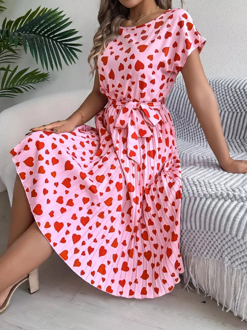 Heart Print Belted Pleated Midi Dress 3
