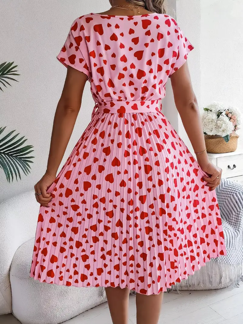 Heart Print Belted Pleated Midi Dress 4