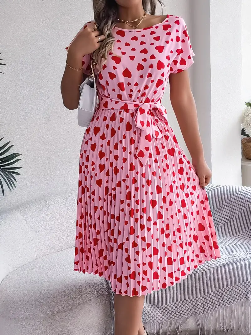 Heart Print Belted Pleated Midi Dress 5