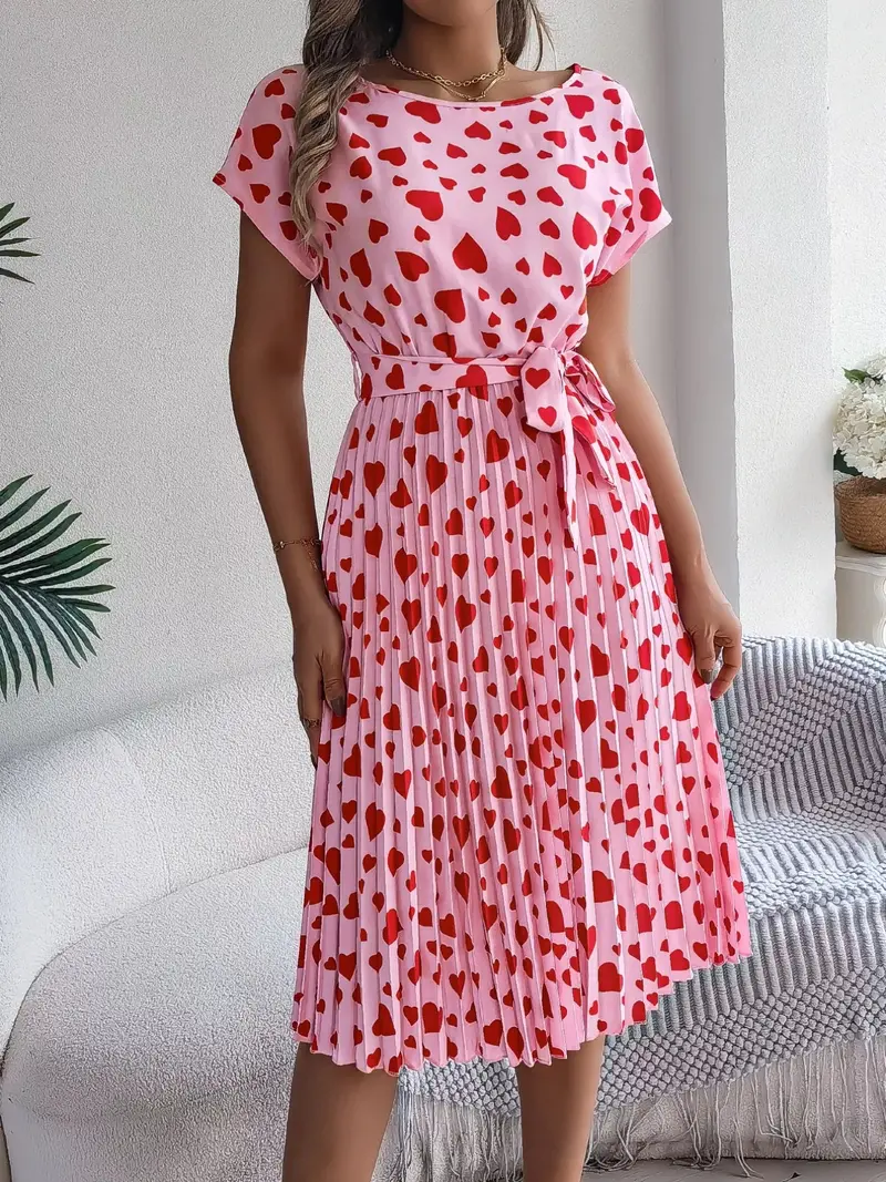 Heart Print Belted Pleated Midi Dress 6