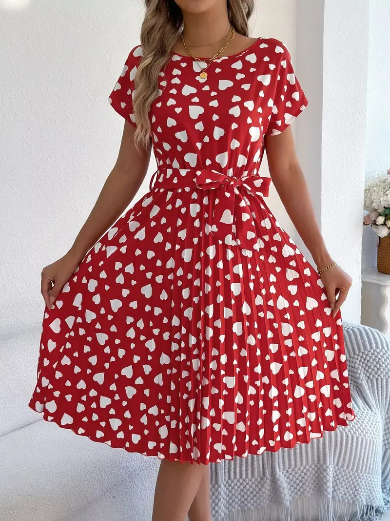 Heart Print Belted Pleated Midi Dress 7