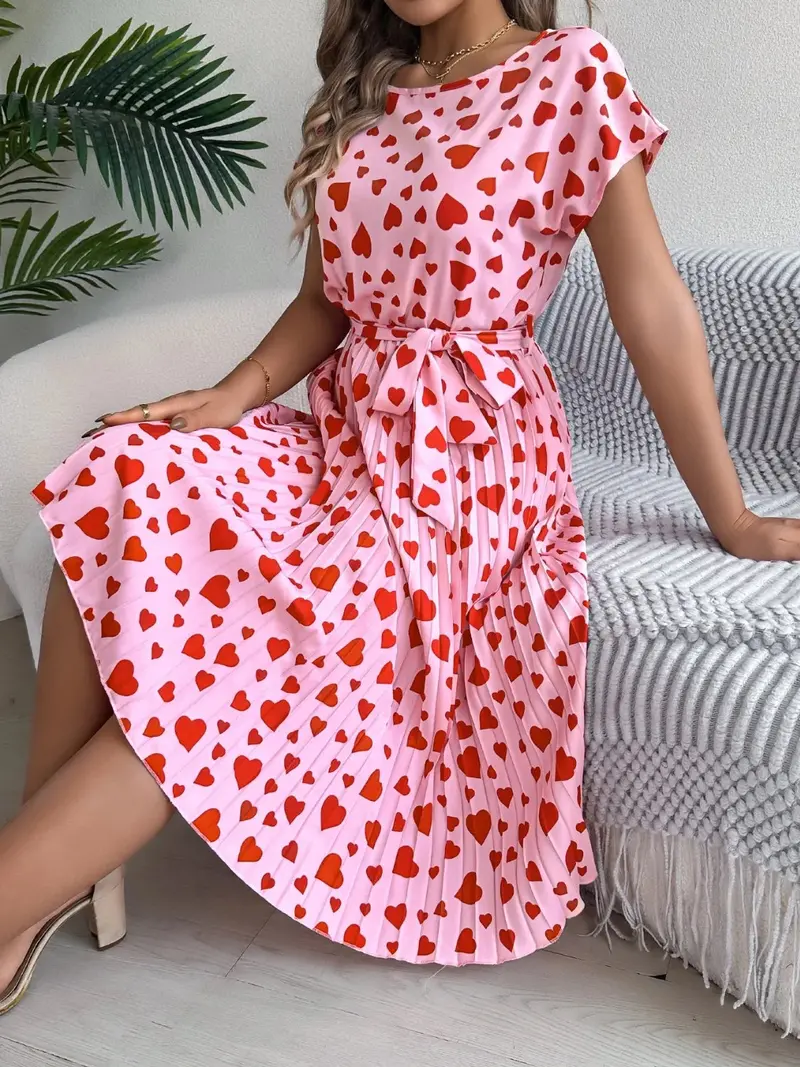 Heart Print Short Sleeve Tie Waist Dress 1