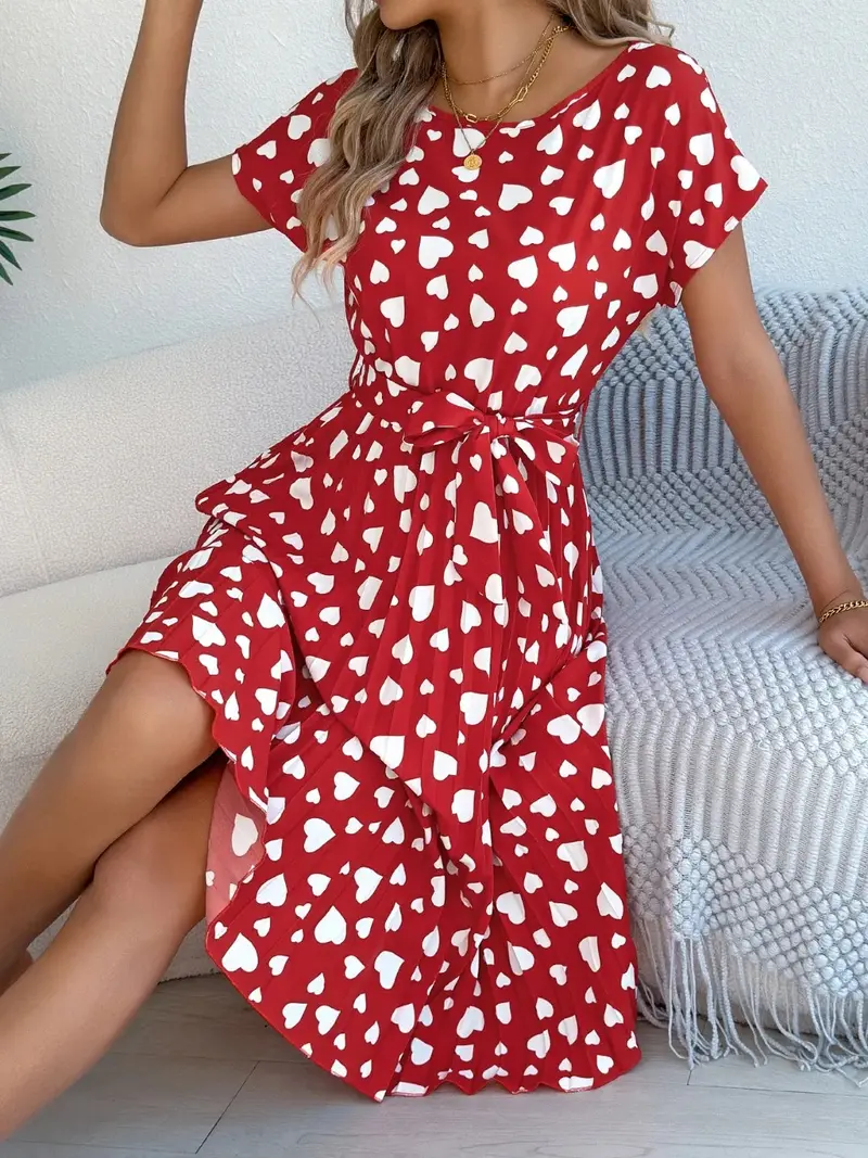 Heart Print Short Sleeve Tie Waist Dress 10