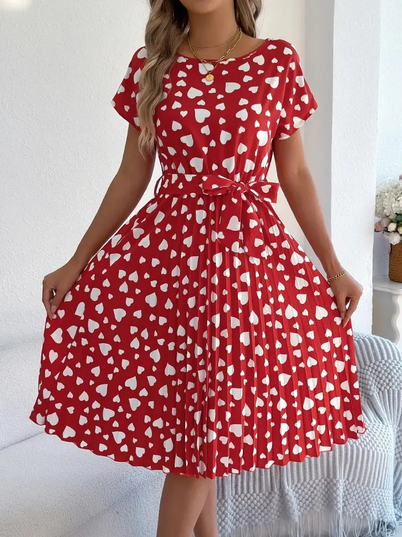 Heart Print Short Sleeve Tie Waist Dress 11