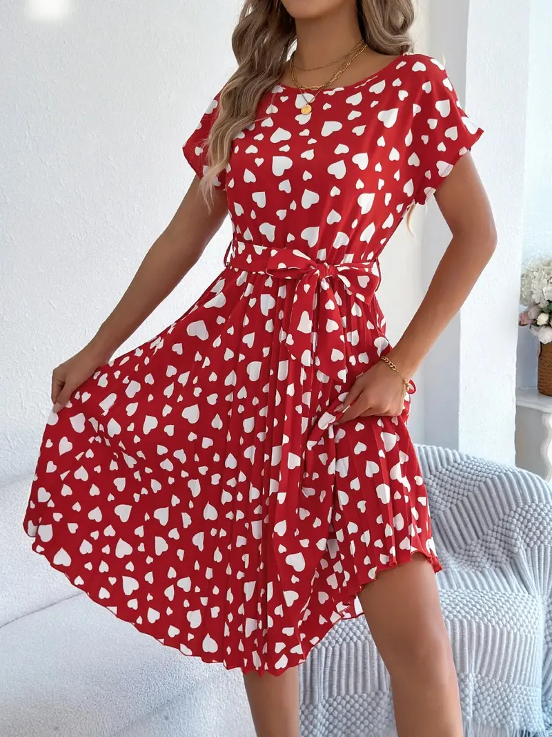 Heart Print Short Sleeve Tie Waist Dress 12