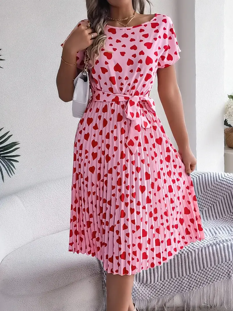 Heart Print Short Sleeve Tie Waist Dress 4