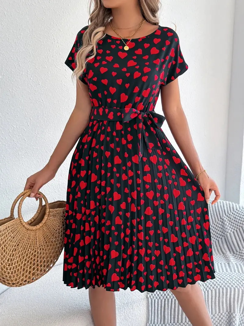Heart Print Short Sleeve Tie Waist Dress 7