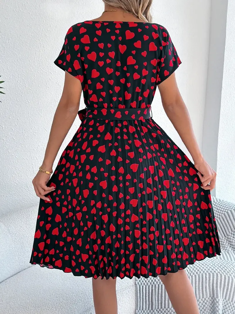 Heart Print Short Sleeve Tie Waist Dress 8