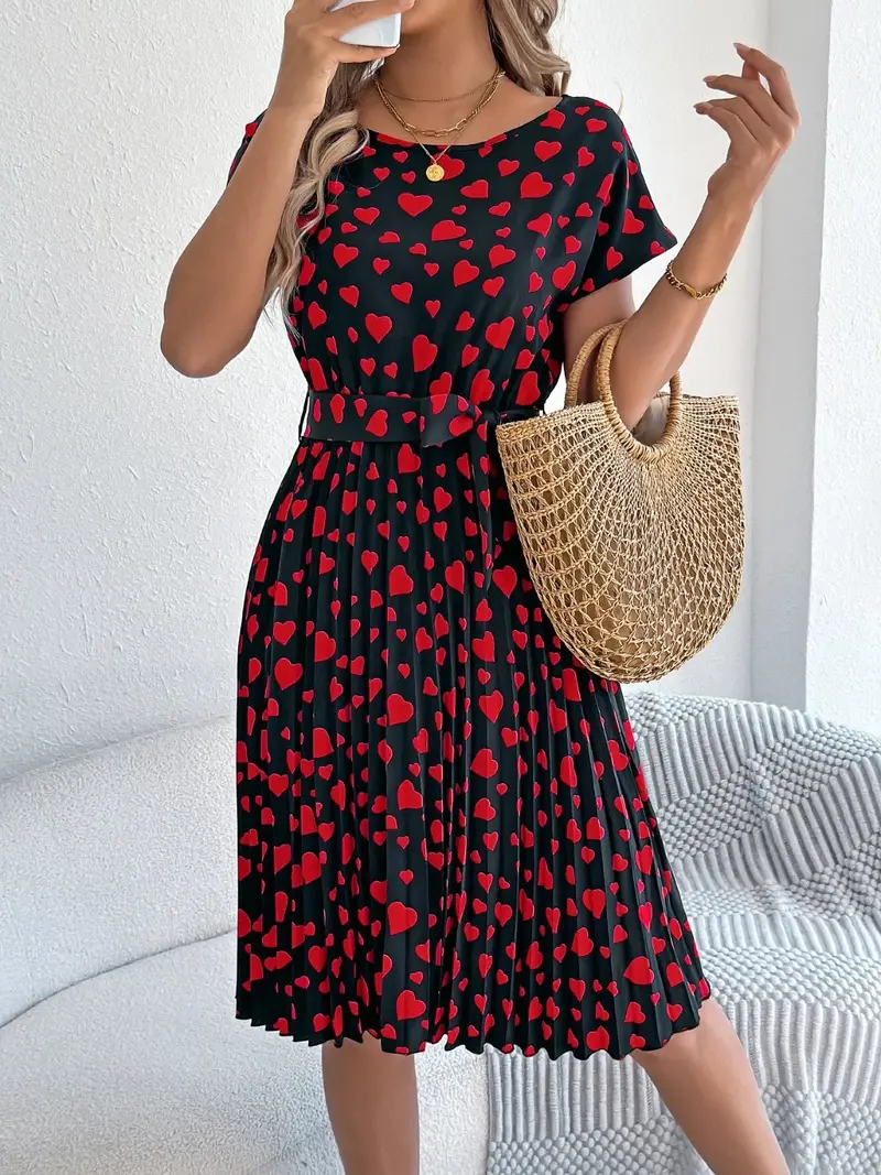 Heart Print Short Sleeve Tie Waist Dress 9