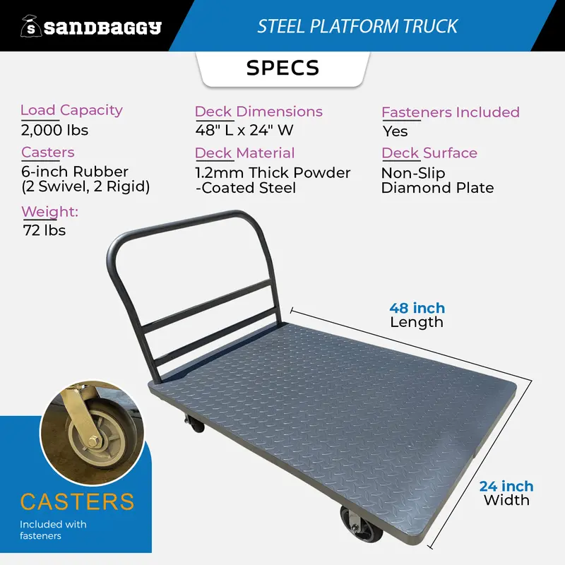 Heavy-Duty Steel Platform Truck | 2000 Lb Capacity (48" X 24") 2