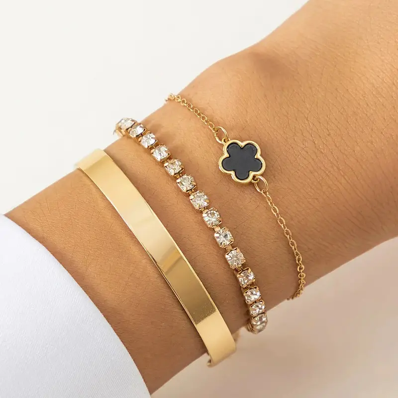 Hip-Hop Punk Rhinestone Chain Clover Bracelet 1