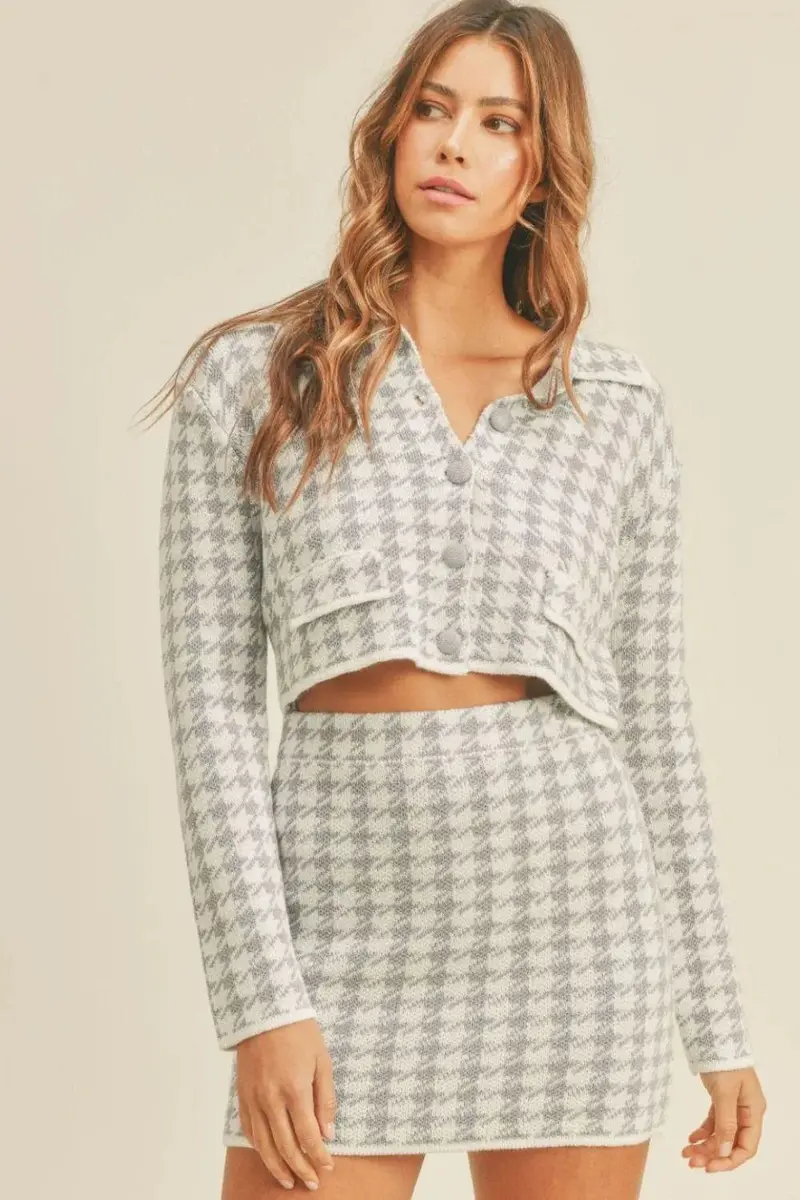 Houndstooth Cropped Knit Cardigan And Mini Skirt Set 1