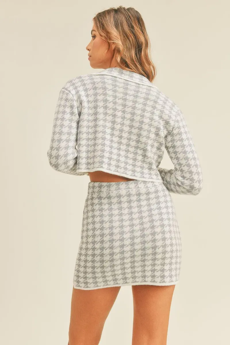 Houndstooth Cropped Knit Cardigan And Mini Skirt Set 2