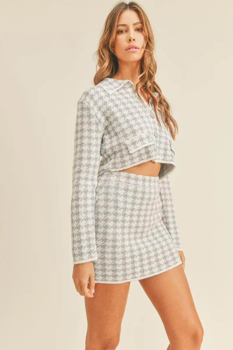 Houndstooth Cropped Knit Cardigan And Mini Skirt Set 3