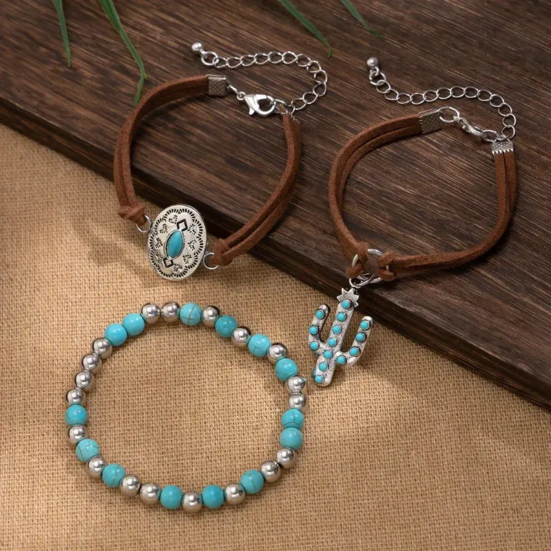 Imitation Turquoise Cactus Tag Bracelet Set 1
