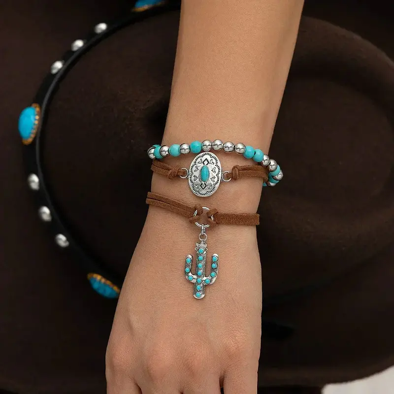 Imitation Turquoise Cactus Tag Bracelet Set 2