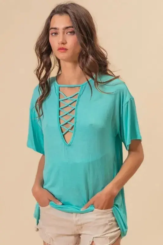 Jersey Knit Top With Criss Cross Front Neck Detail 1