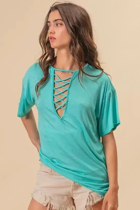 Jersey Knit Top With Criss Cross Front Neck Detail 2