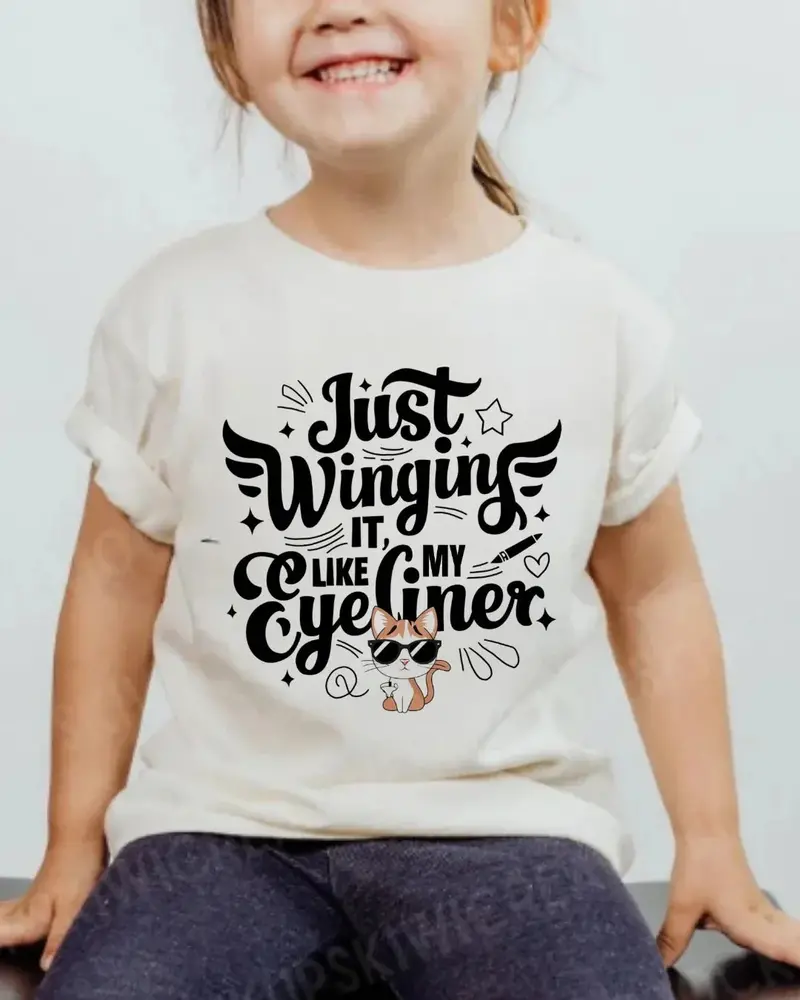 Just Winging It Like My Eyeliner Kid Cotton T-Shirt 5