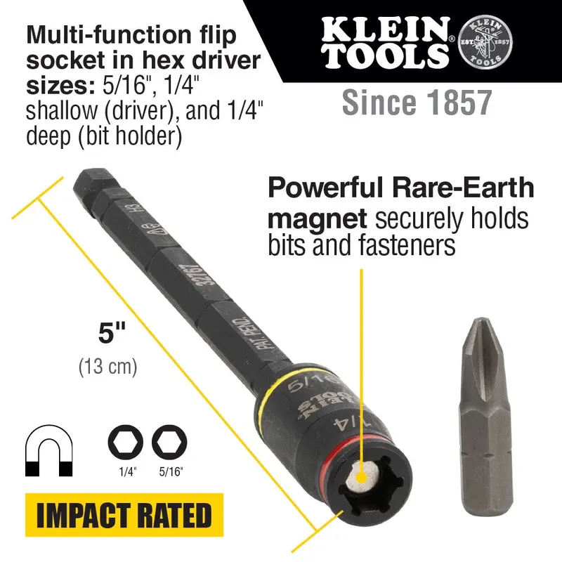Klein 3-In-1 Impact Flip Socket, 1/4-Inch, 5/16-Inch, 5-Inch Length #32767 2