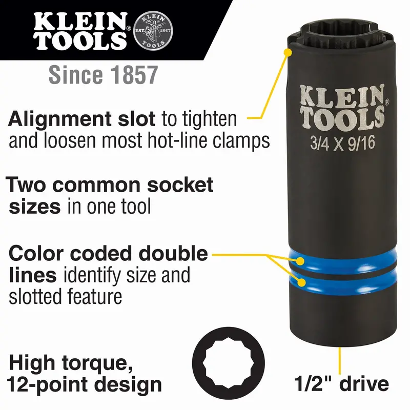 Klein 3-In-1 Slotted Impact Socket, 12-Point, 3/4 And 9/16-Inch #66031 1