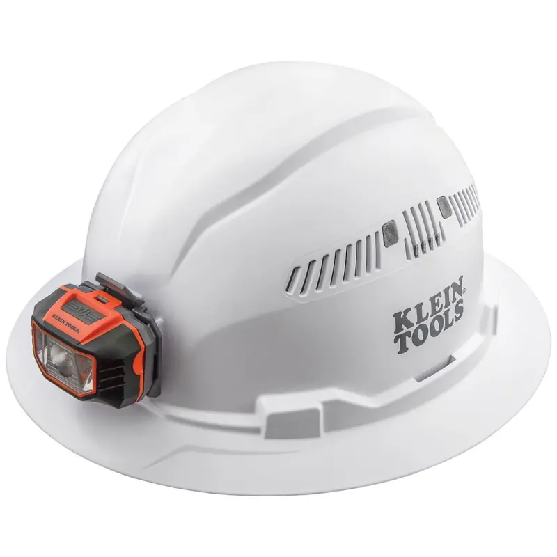 Klein Hard Hat, Vented, Full Brim With Headlamp, White 1