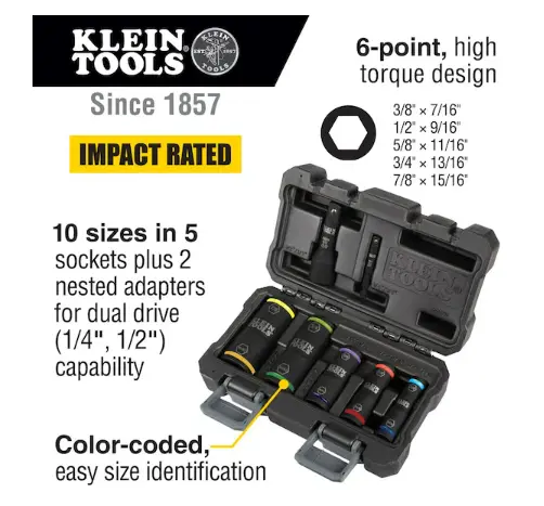 Klein Tools 1/4" Hex, 1/2" Square; 3/8 X 7/16", 1/2 X 9/16", 5/8 X 11/16", 3/4 X 13/16", And 7/8 X 15/16" Drive 2