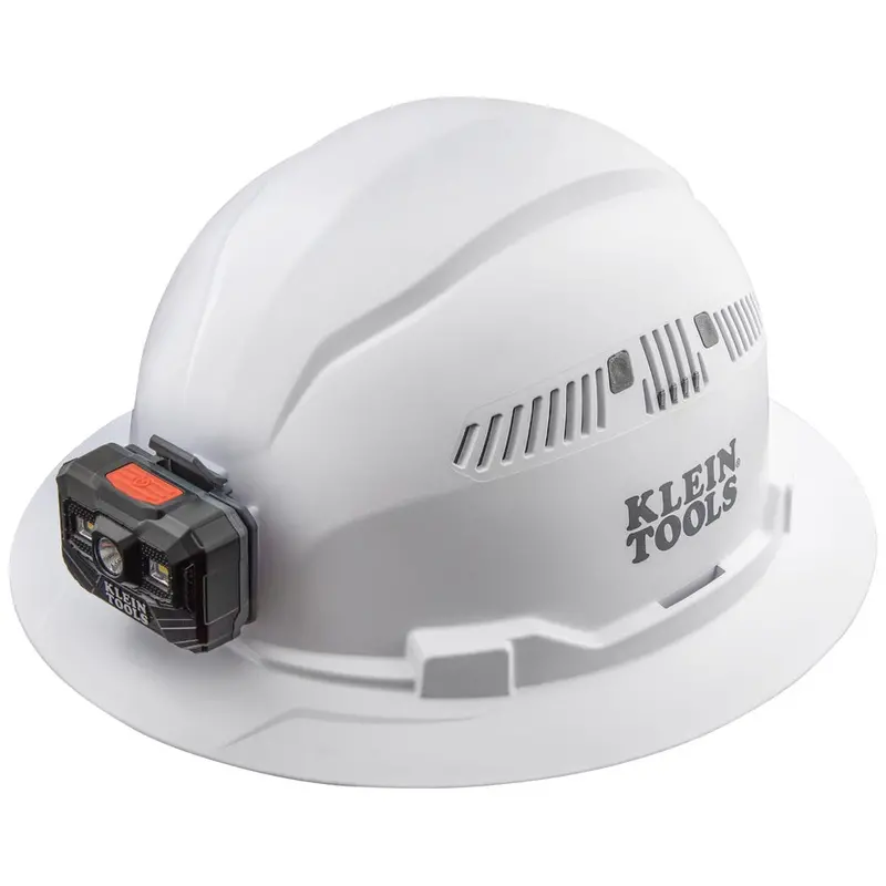 Klein Tools Hard Hat, Vented, Full Brim With Rechargeable Headlamp, White 1