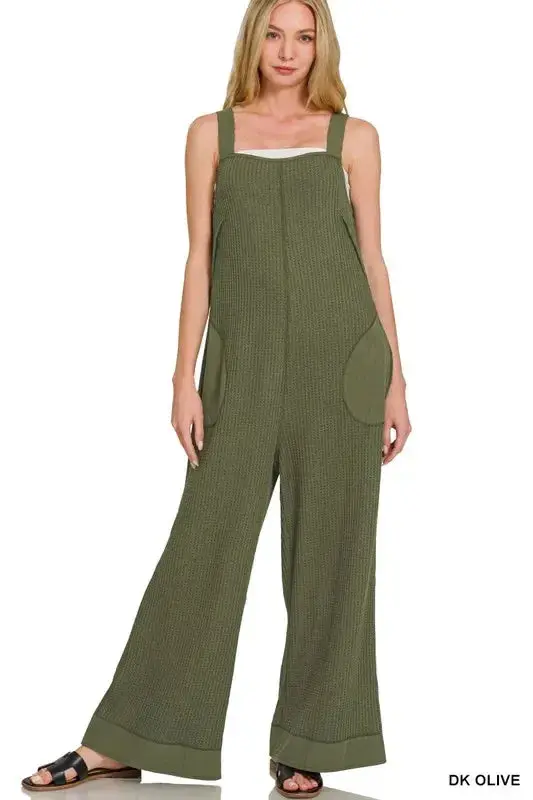 Knit Waffle Wide Leg Overalls 1