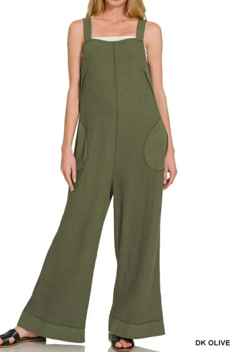 Knit Waffle Wide Leg Overalls 2