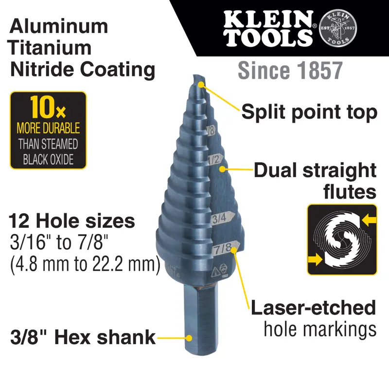 Ktsb14 - 12-Step Drill Bit, 3/8-Inch Hex, Double Straight Flute, 3/16-Inch To 7/8-Inch 1