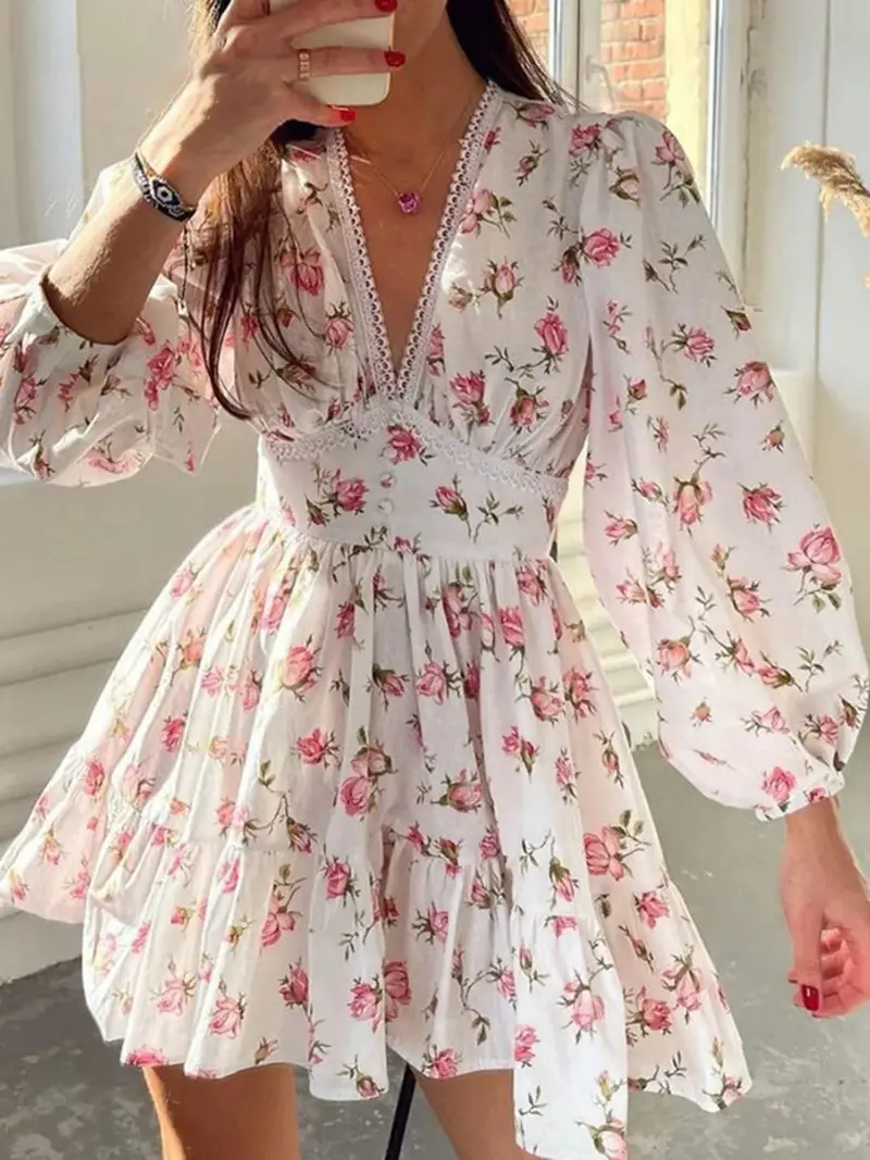Lace Detail V-Neck Balloon Sleeve Dress 1