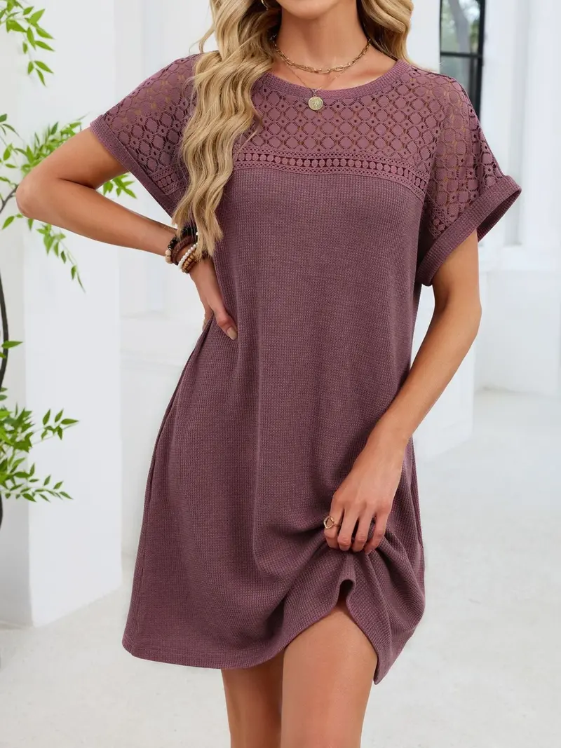 Lace Round Neck Short Sleeve T-Shirt Dress 1