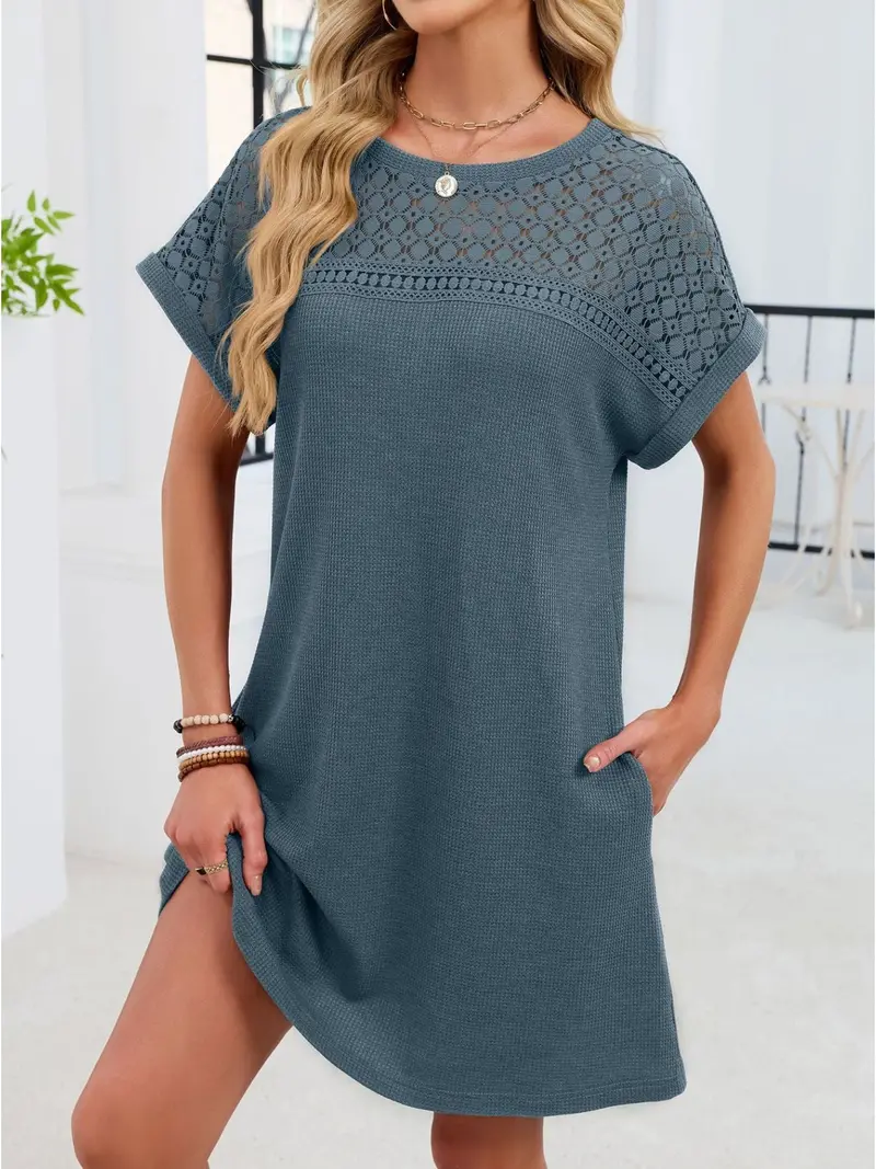 Lace Round Neck Short Sleeve T-Shirt Dress 12