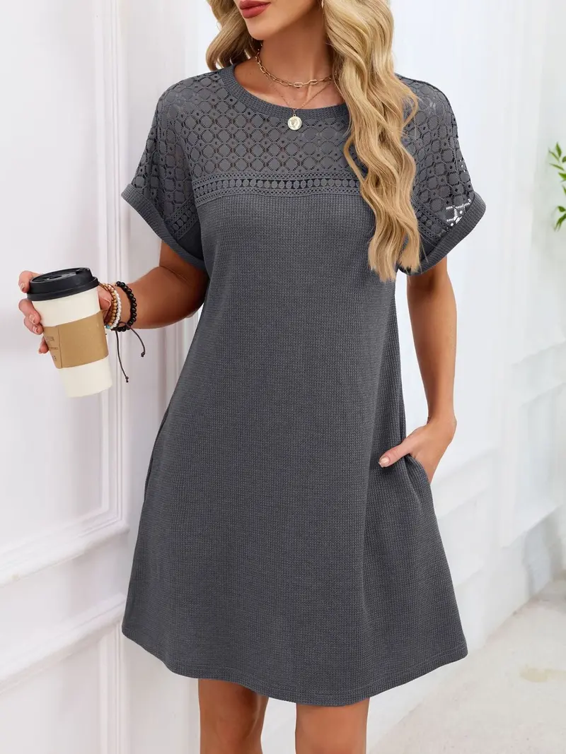 Lace Round Neck Short Sleeve T-Shirt Dress 17