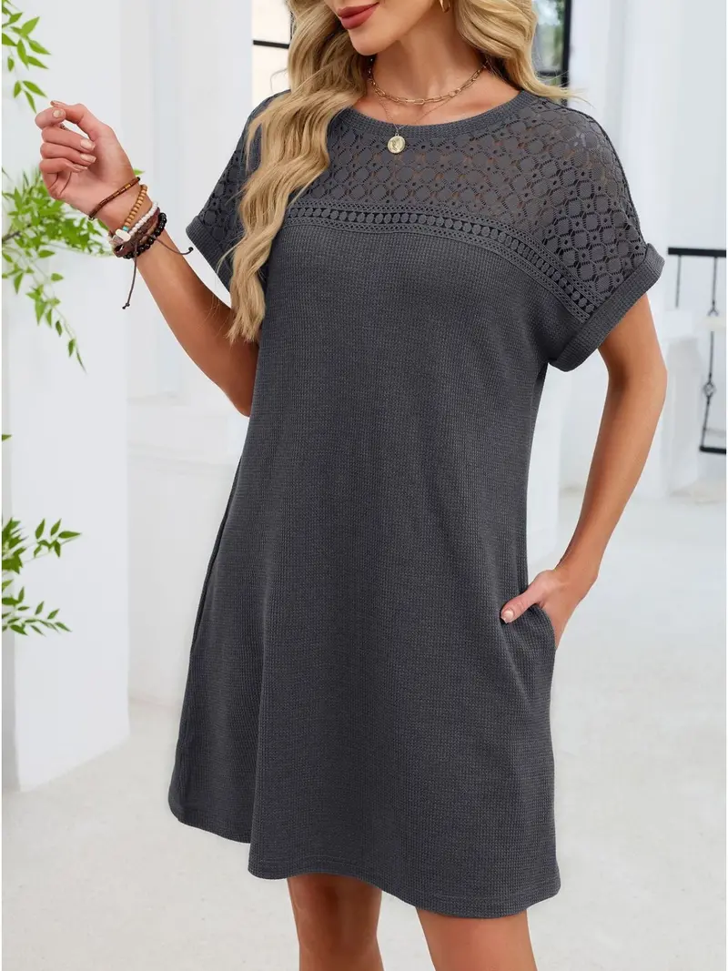 Lace Round Neck Short Sleeve T-Shirt Dress 19