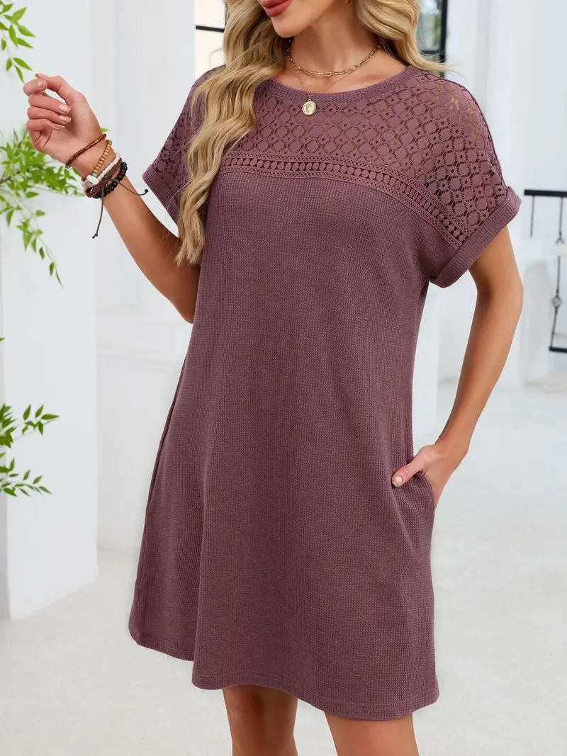 Lace Round Neck Short Sleeve T-Shirt Dress 2