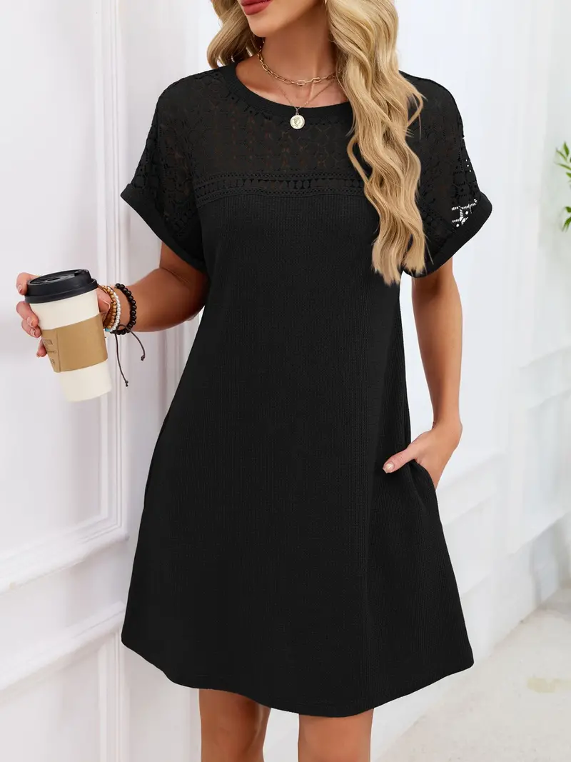 Lace Round Neck Short Sleeve T-Shirt Dress 23