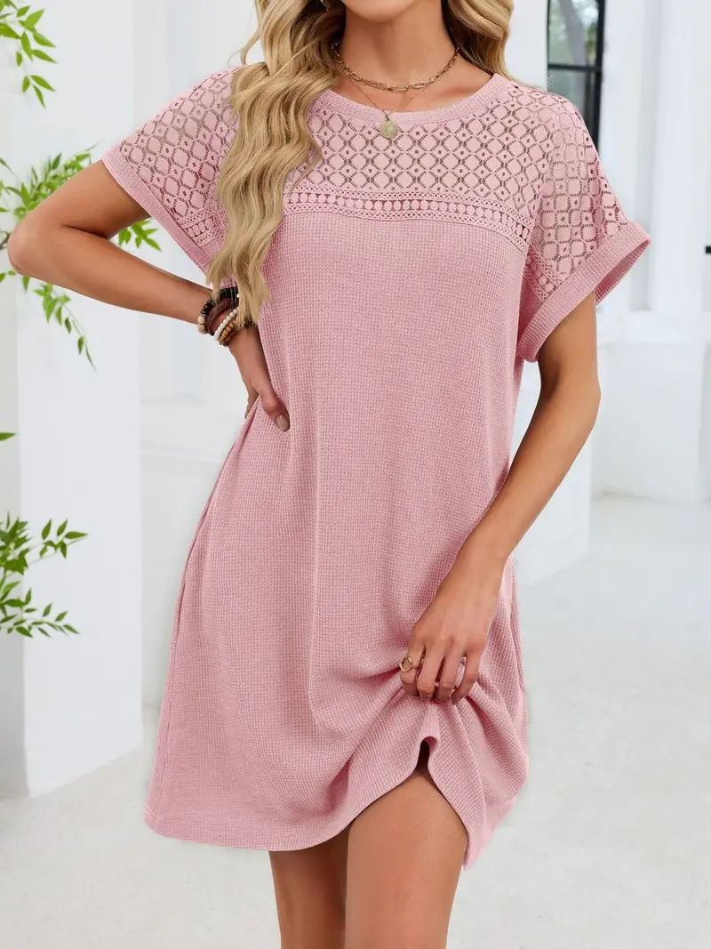 Lace Round Neck Short Sleeve T-Shirt Dress 25