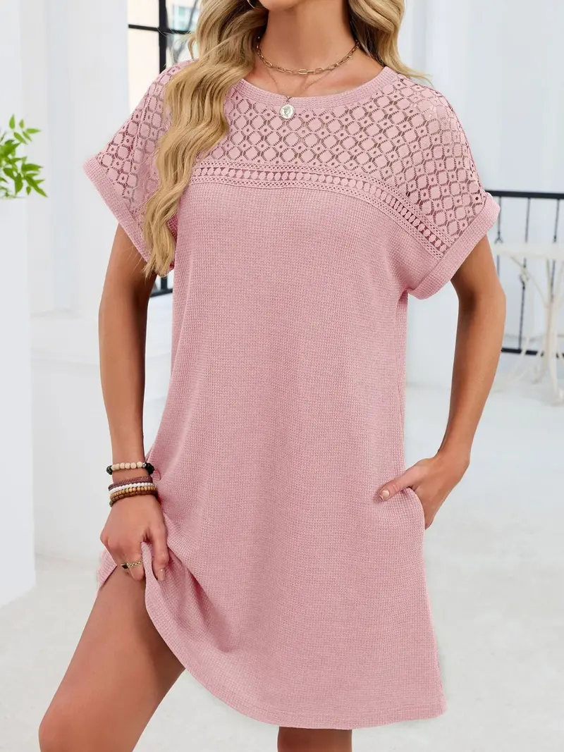 Lace Round Neck Short Sleeve T-Shirt Dress 26