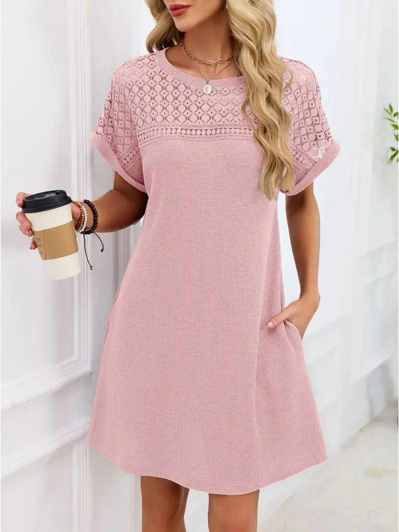 Lace Round Neck Short Sleeve T-Shirt Dress 26
