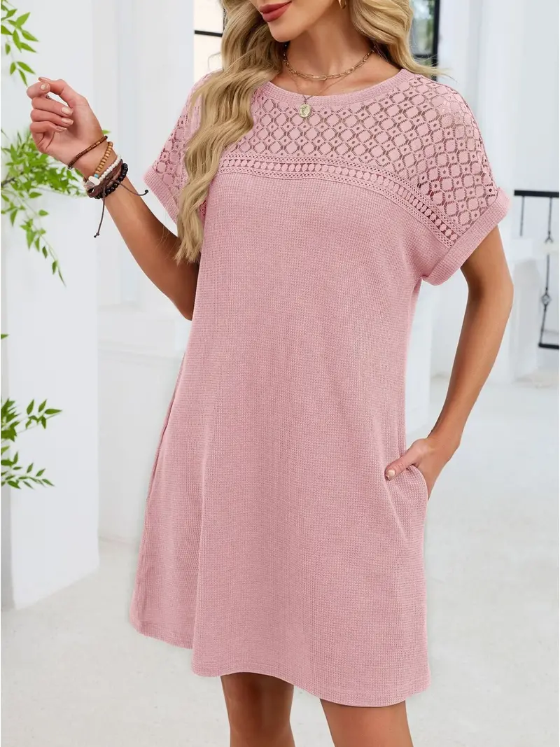 Lace Round Neck Short Sleeve T-Shirt Dress 27