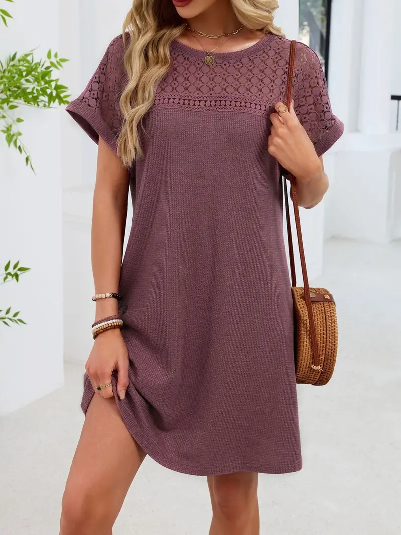Lace Round Neck Short Sleeve T-Shirt Dress 3