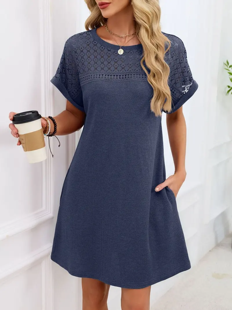 Lace Round Neck Short Sleeve T-Shirt Dress 31