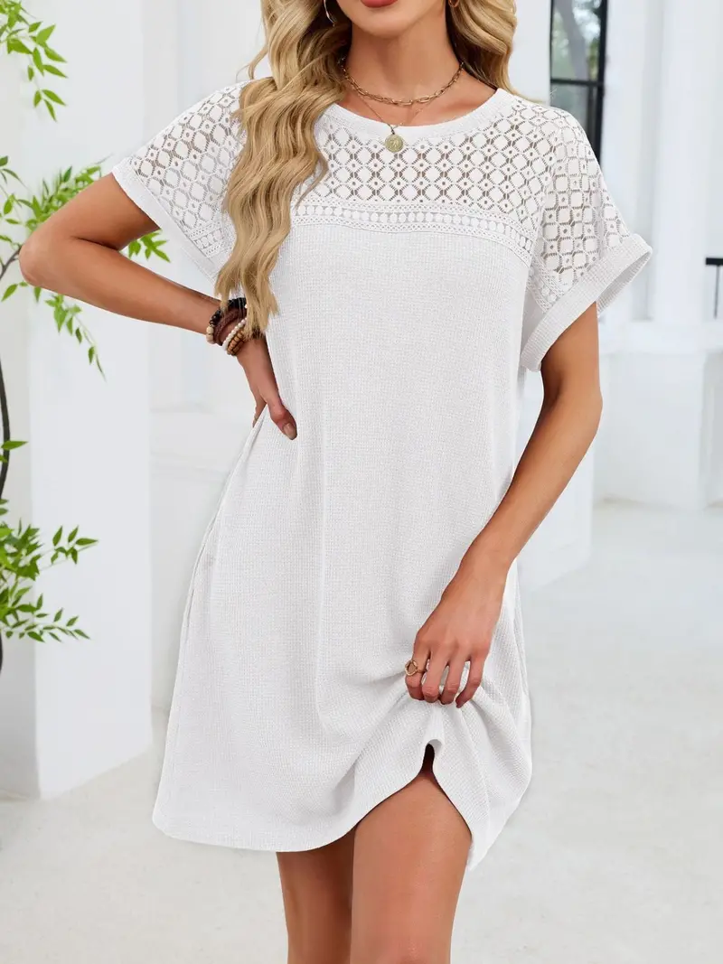 Lace Round Neck Short Sleeve T-Shirt Dress 35