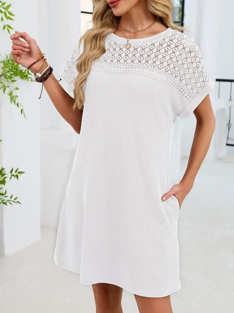 Lace Round Neck Short Sleeve T-Shirt Dress 36
